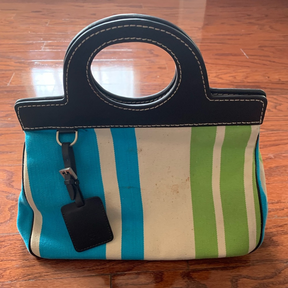 DONALD J. PLINER Blue and Green Striped Canvas Leather Handbag